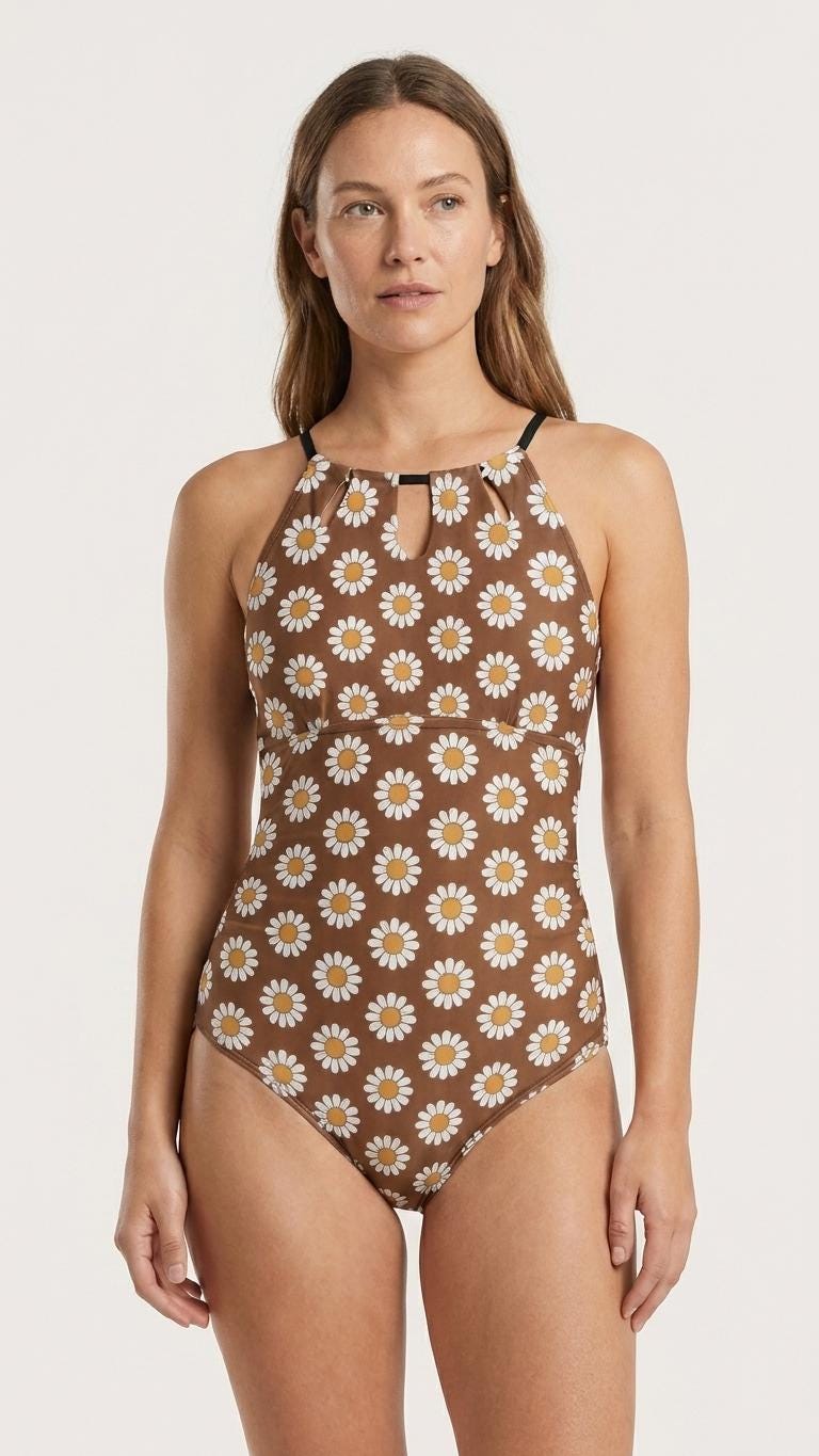 Halter Keyhole Cut-Out One-Piece Swimsuit, Lace-Up Back & Tummy Control, Brown Vintage Florals