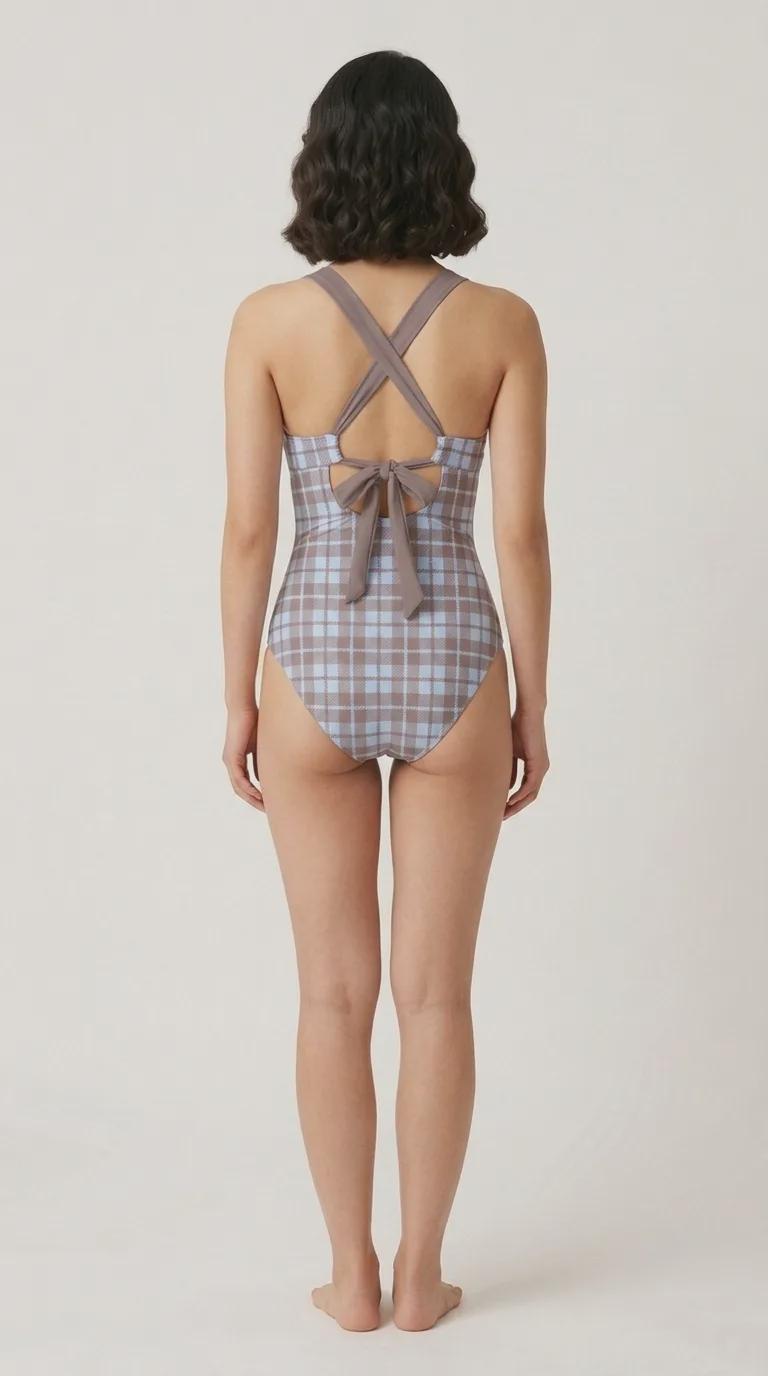 Romantic Vintage-Inspired V-Neck Plunge One-Piece Retro Swimsuit, Ruching & Cross-Back, Periwinkle Plaid