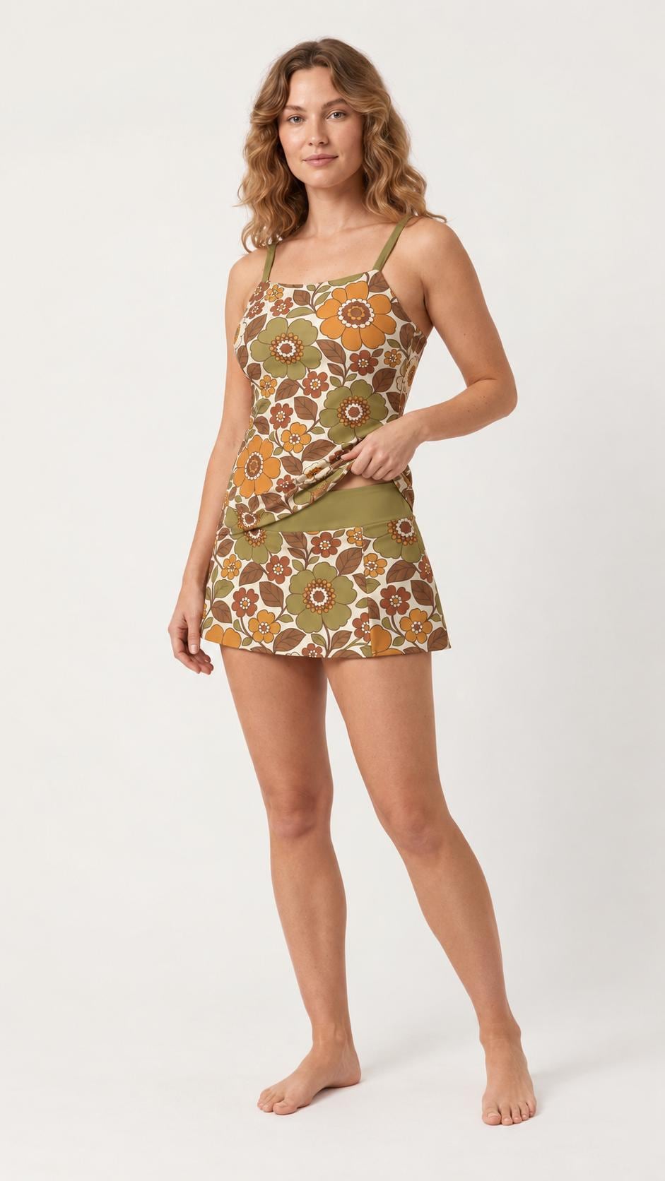 Retro Tankini Skirt 3-Piece Swim Set - Vintage 1970s Boho Florals