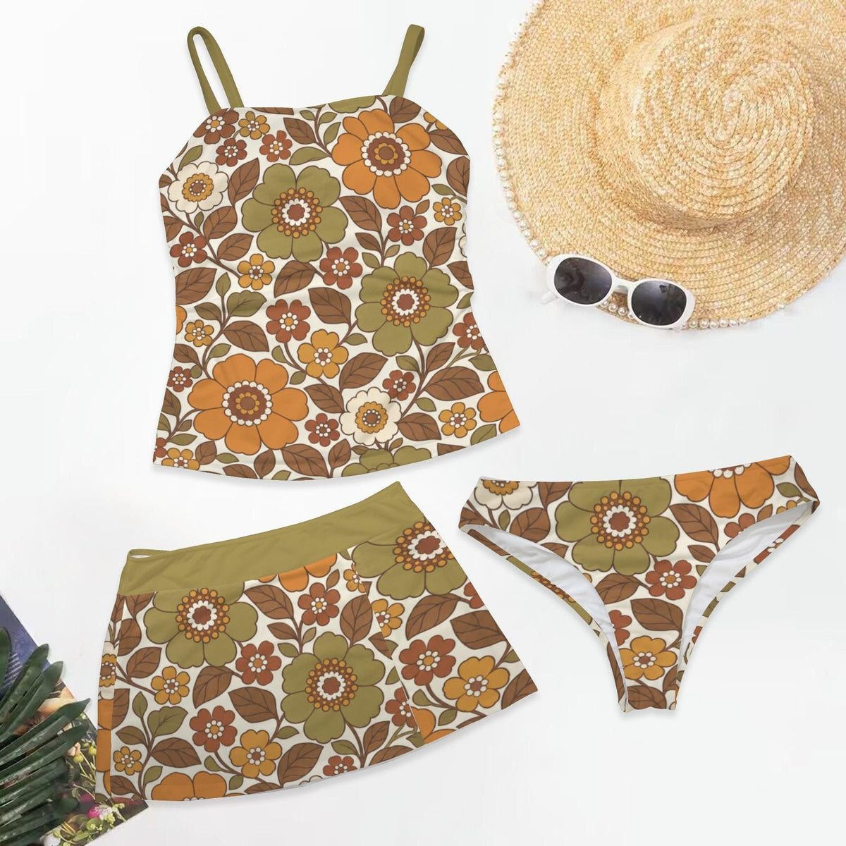 Retro Tankini Skirt 3-Piece Swim Set - Vintage 1970s Boho Florals