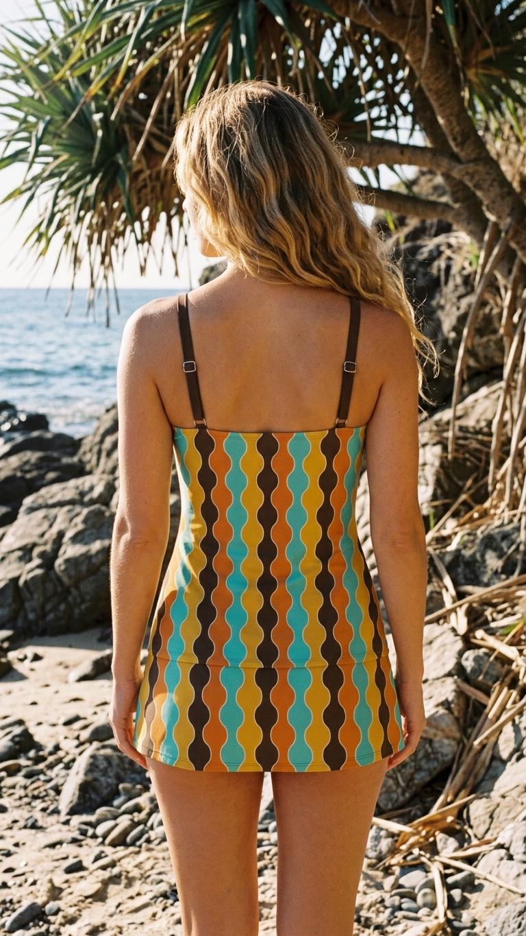 Retro Tankini Skirt 3-Piece Swim Set - Vintage Boho 1970s Waves