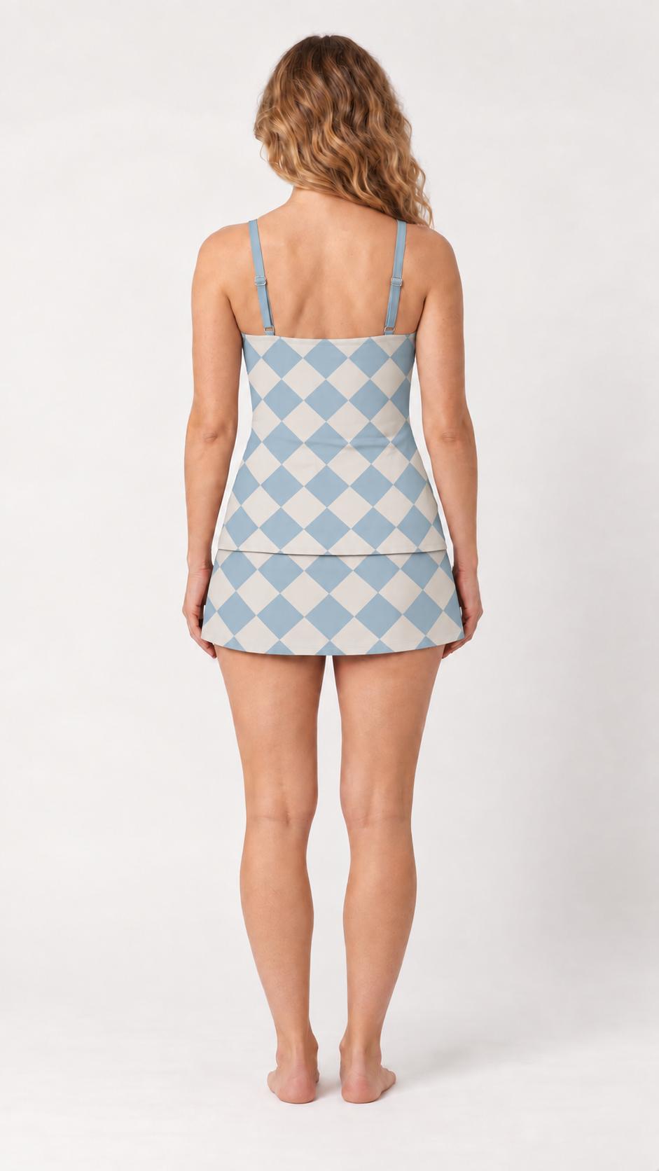 Retro Tankini With Skirt 3-Piece Swim Set - Vintage Blue Diamonds