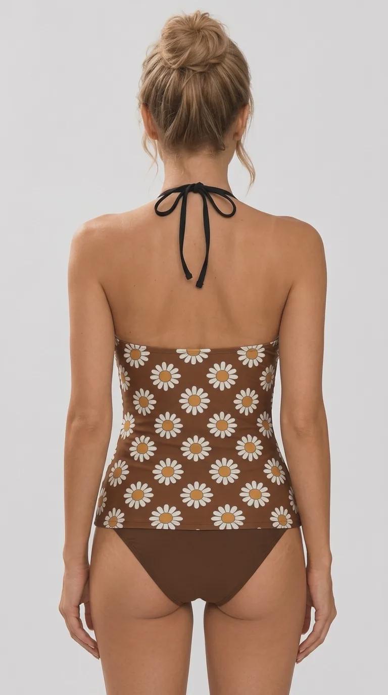 Retro Seventies Adjustable Tankini | V-Neck Split Two-Piece Halter Swimsuit | Vintage Daisy Brown Print