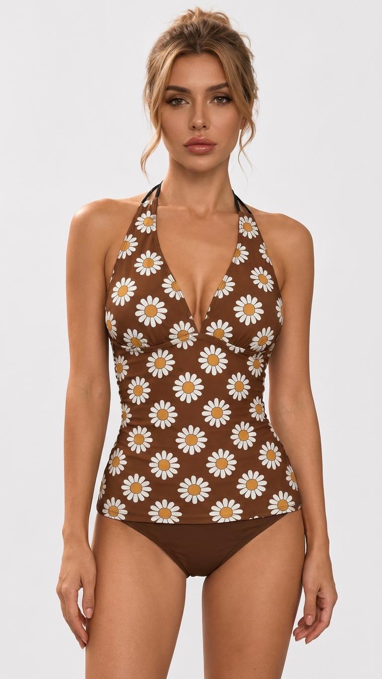 Retro Seventies Adjustable Tankini | V-Neck Split Two-Piece Halter Swimsuit | Vintage Daisy Brown Print