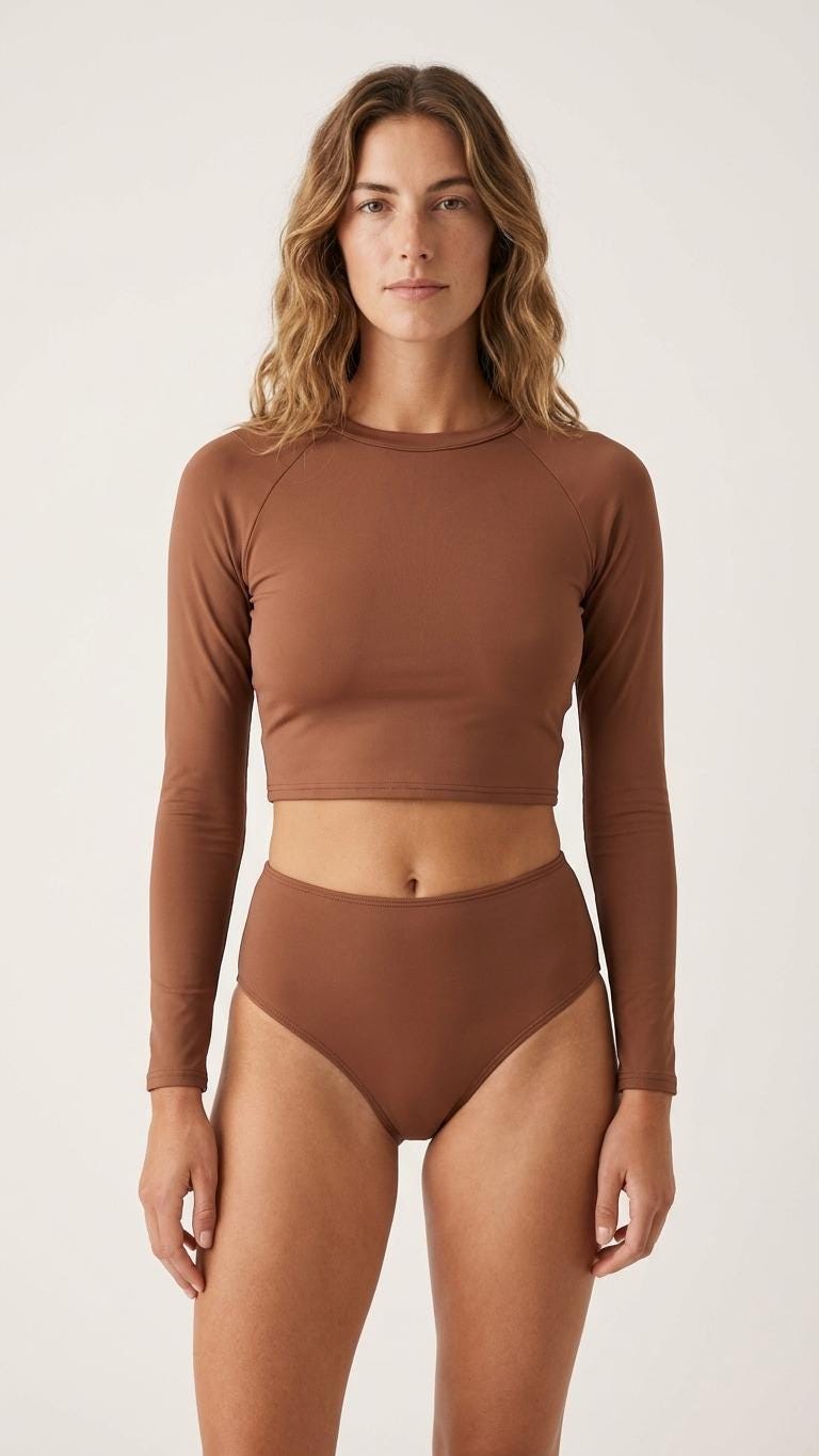 70s Retro Surf Sporty Long-Sleeve Rash-Guard Bikini | High-Waist Two-Piece Swimsuit | Classic Brown
