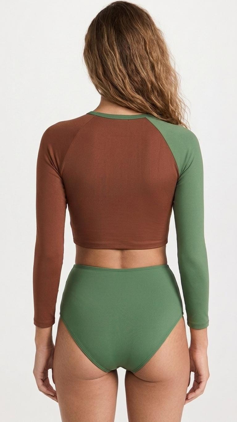 70s Retro Surf Sporty Long-Sleeve Rash-Guard Bikini | High-Waist Two-Piece Swimsuit | Brown & Green Striped