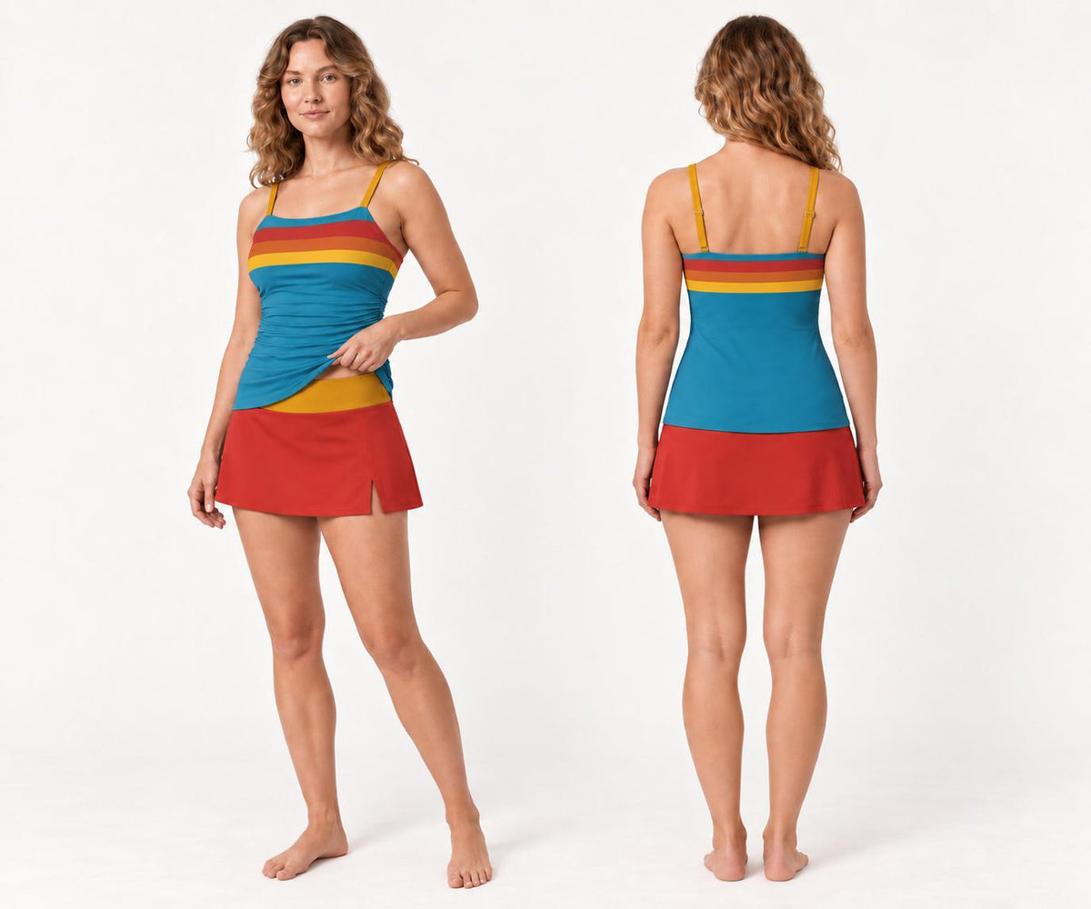 Retro Tankini 3-Piece Swim Set - Top, Skirt & Bikini Bottoms - Vintage Boho 1970s Blue Striped