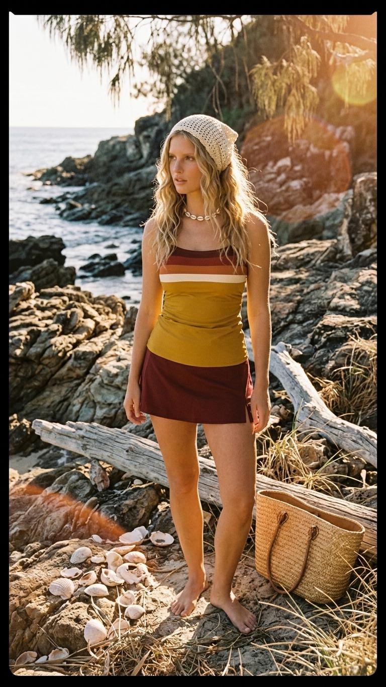 Retro Tankini 3-Piece Swim Set - Top, Skirt & Bikini Bottoms - Vintage Boho 1970s Ochre Striped
