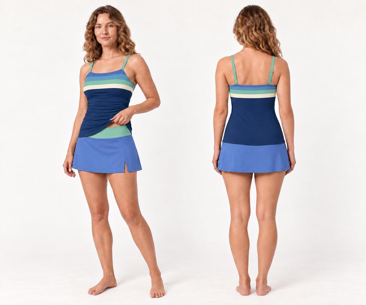 Retro Tankini 3-Piece Swim Set - Top, Skirt & Bikini Bottoms - Vintage Boho 1970s Navy Striped