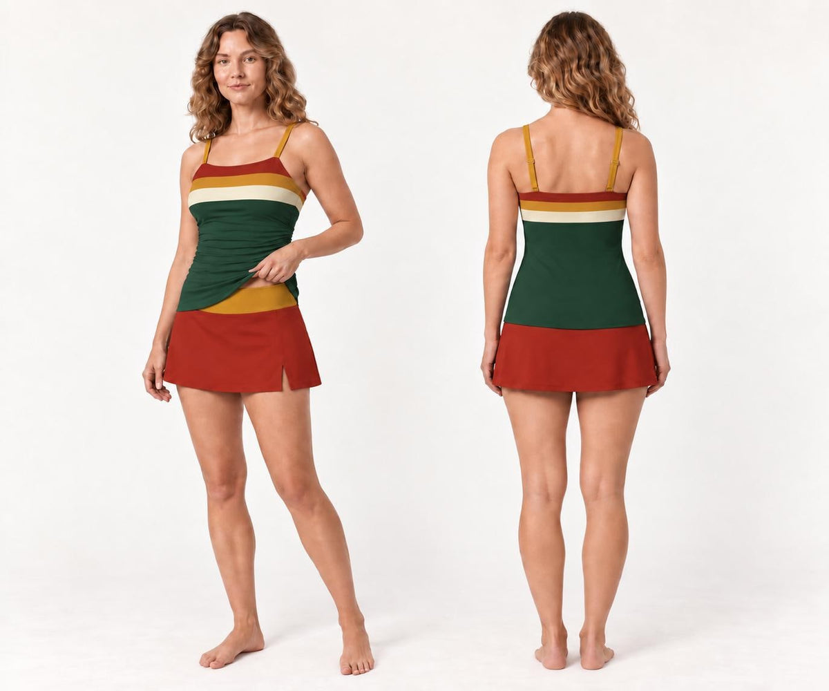 Retro Tankini 3-Piece Swim Set - Top, Skirt & Bikini Bottoms - Vintage Boho 1970s Green Striped