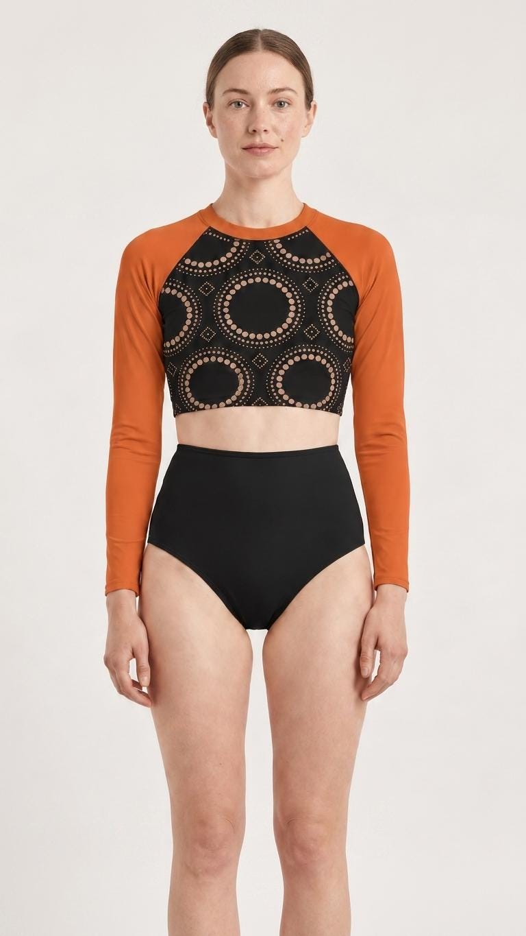 Mid-Century Mod-Style Retro Long-Sleeve Rash-Guard Bikini | Two-Piece Swimsuit with High-Waisted Bottoms | Black & Orange