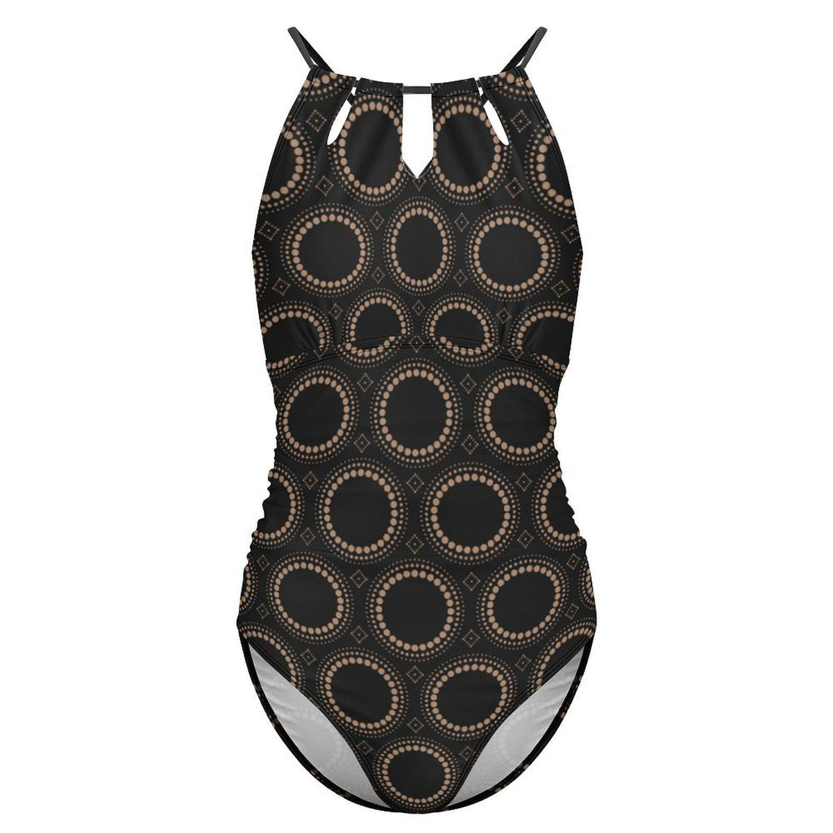 Halter Keyhole Cut-Out One-Piece Swimsuit, Lace-Up Back & Tummy Control, Black Mod-Style Pattern