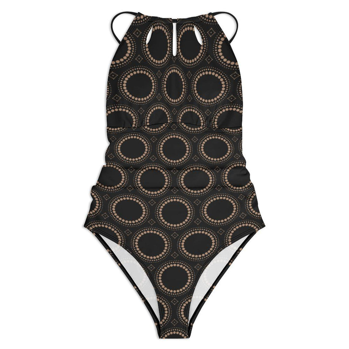 Halter Keyhole Cut-Out One-Piece Swimsuit, Lace-Up Back & Tummy Control, Black Mod-Style Pattern