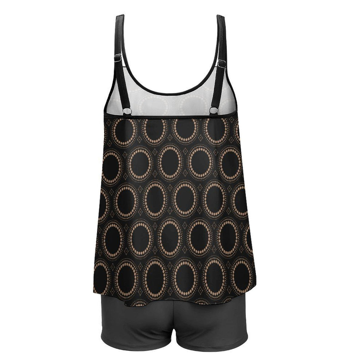 Black Mid-Century Mod Pattern Flowy Halter Tankini Set – Two-Piece Swimsuit with Boyshorts