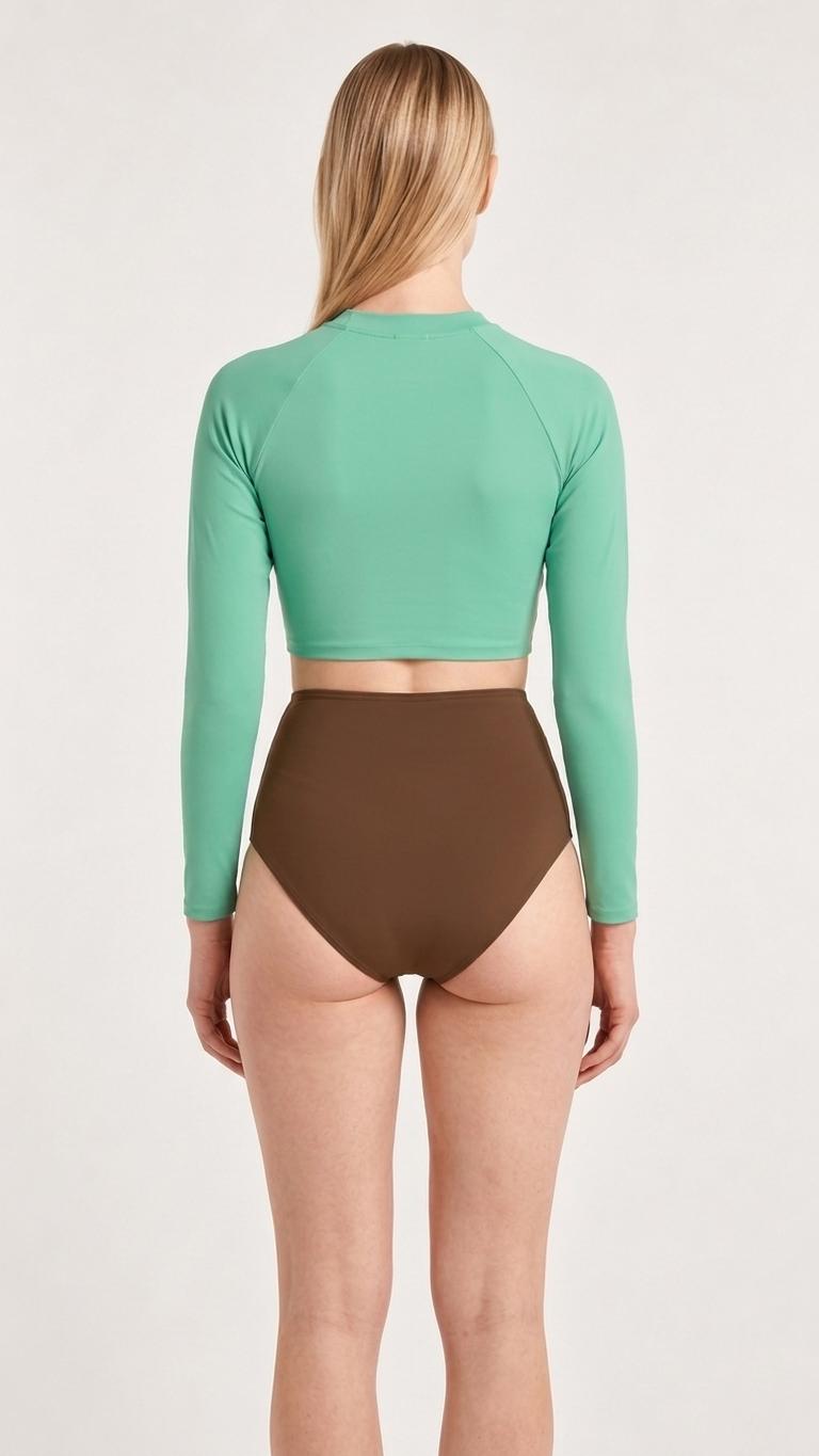 70s Retro Surf Sporty Long-Sleeve Rash-Guard Bikini | High-Waist Two-Piece Swimsuit | Mint & Brown Striped