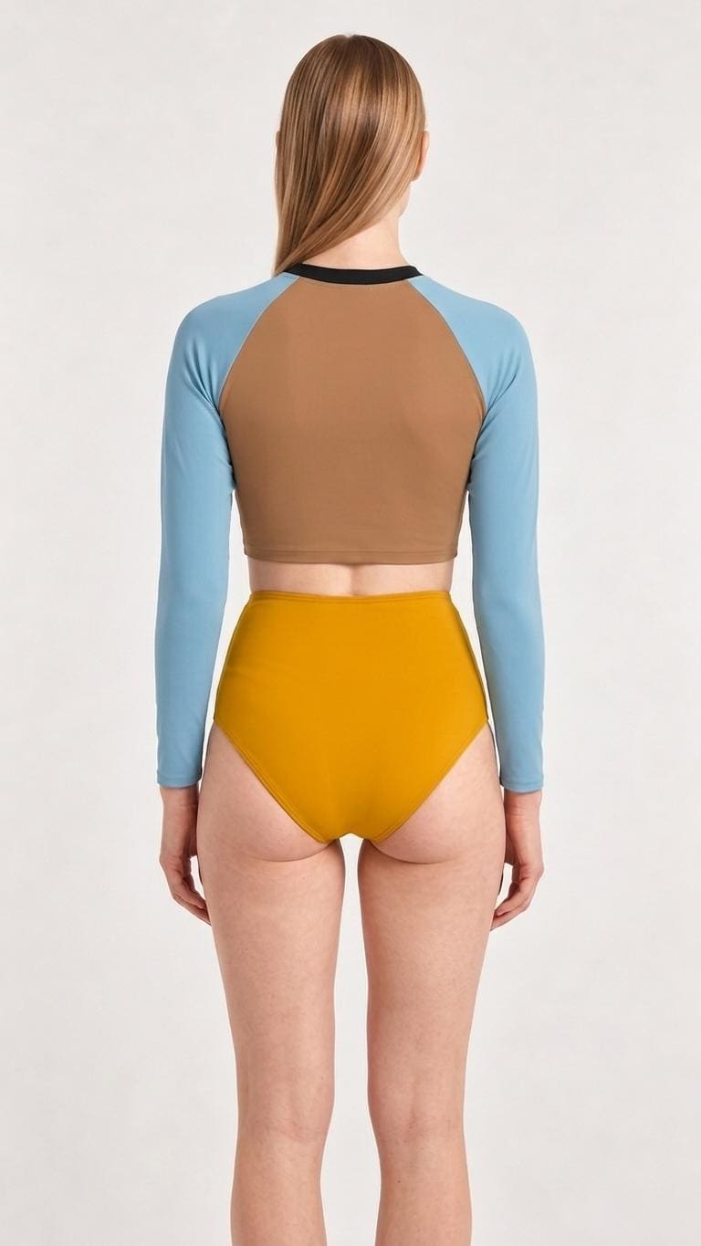 Mid-Century Mod-Style Retro Long-Sleeve Rash-Guard Bikini | Two-Piece Swimsuit with High-Waisted Bottoms | Blue & Mustard