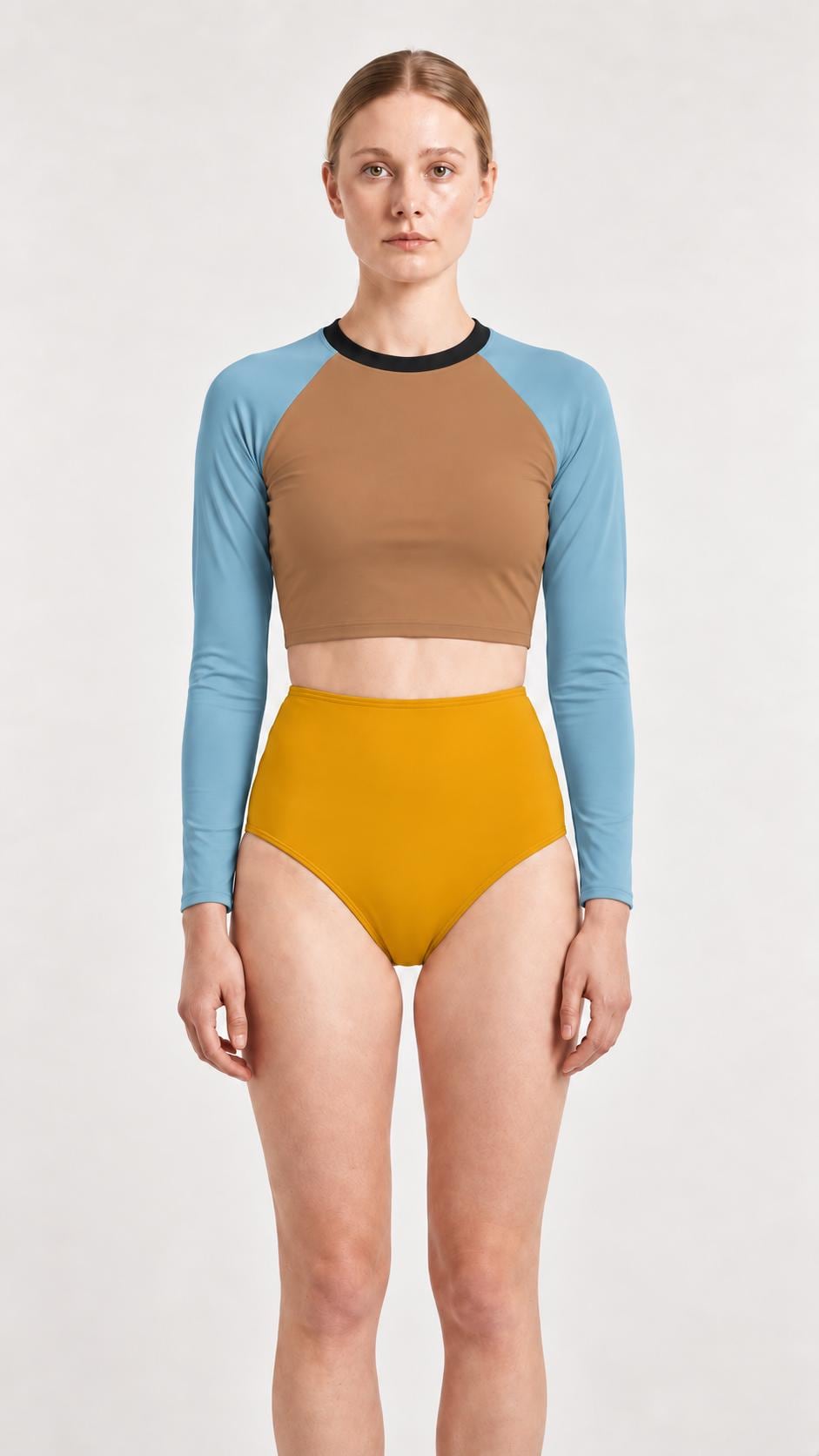 Mid-Century Mod-Style Retro Long-Sleeve Rash-Guard Bikini | Two-Piece Swimsuit with High-Waisted Bottoms | Blue & Mustard