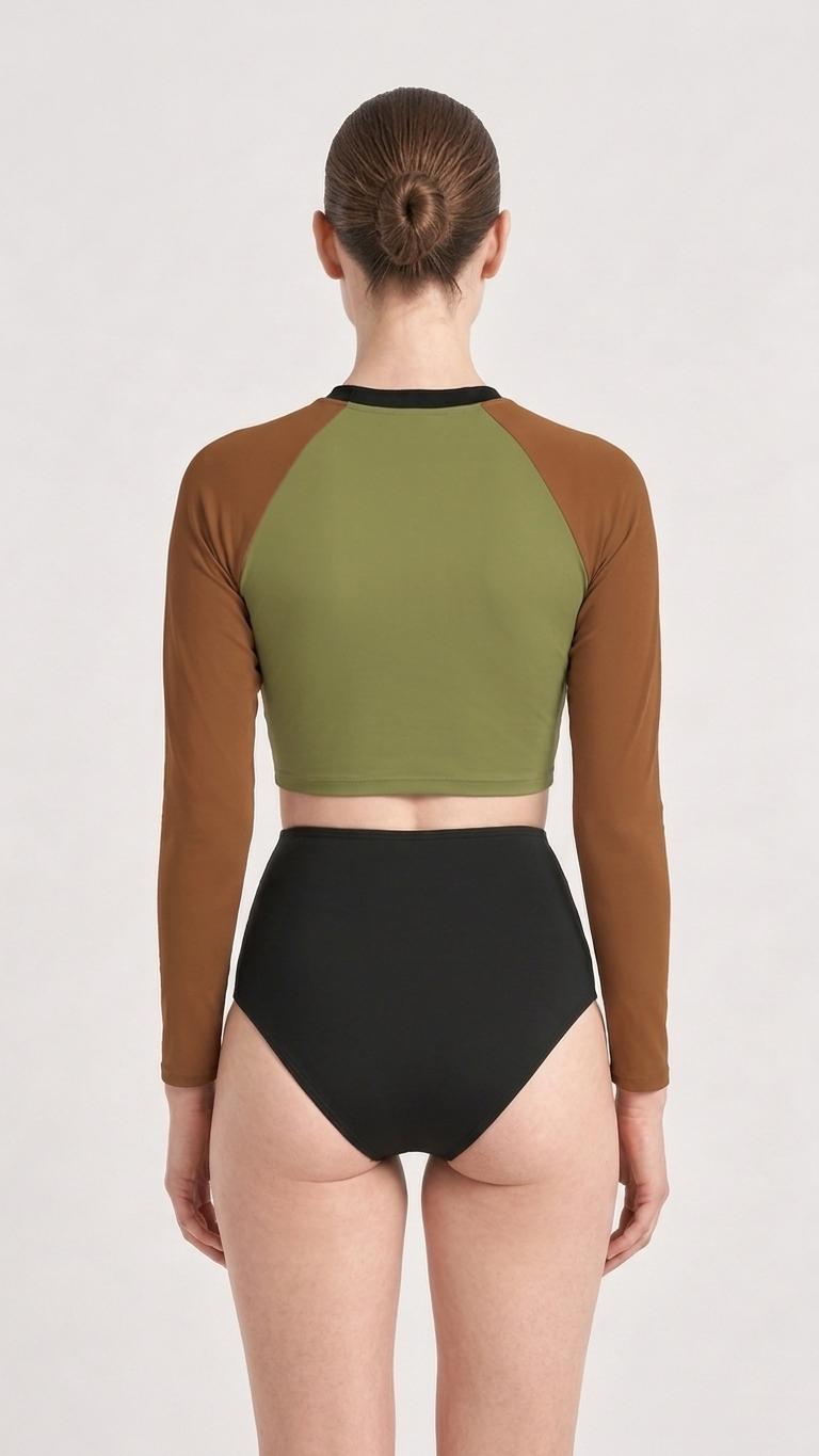 Mid-Century Mod-Style Retro Long-Sleeve Rash-Guard Bikini | Two-Piece Swimsuit with High-Waisted Bottoms | Brown, Green & Black