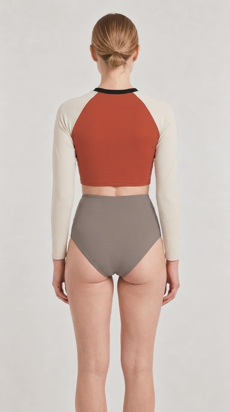 Mid-Century Mod-Style Retro Long-Sleeve Rash-Guard Bikini | Two-Piece Swimsuit with High-Waisted Bottoms | Cream, Rust & Slate