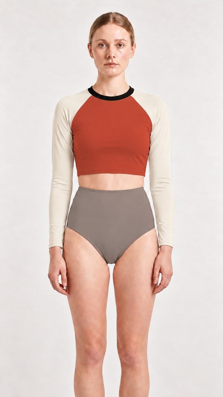 Mid-Century Mod-Style Retro Long-Sleeve Rash-Guard Bikini | Two-Piece Swimsuit with High-Waisted Bottoms | Cream, Rust & Slate
