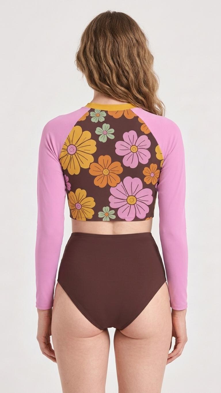 Mid-Century Mod-Style Retro Long-Sleeve Rash-Guard Bikini | Two-Piece Swimsuit with High-Waisted Bottoms | Thistle with Florals