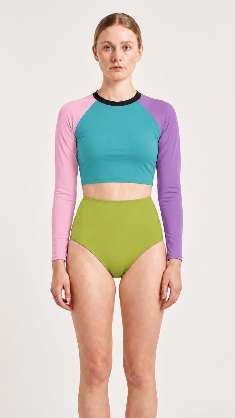 Mid-Century Mod Colours Retro Long-Sleeve Rash-Guard Bikini | Two-Piece Swimsuit with High-Waisted Bottoms | Blue & Green