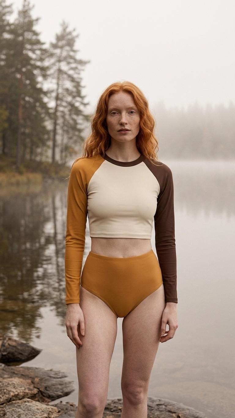 Retro Fall Lakehouse Long-Sleeve Rash-Guard Bikini | Two-Piece Swimsuit with High-Waisted Bottoms | Browns
