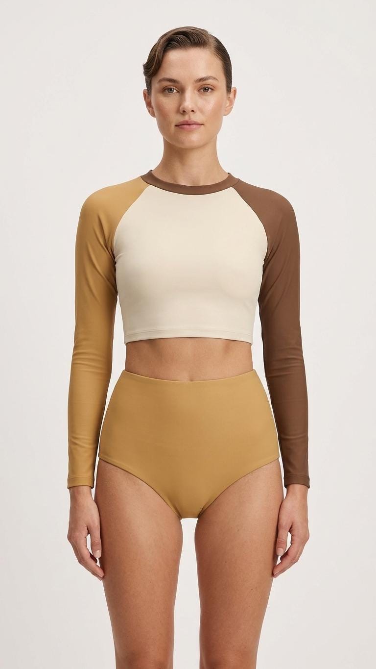 Retro Fall Lakehouse Long-Sleeve Rash-Guard Bikini | Two-Piece Swimsuit with High-Waisted Bottoms | Browns