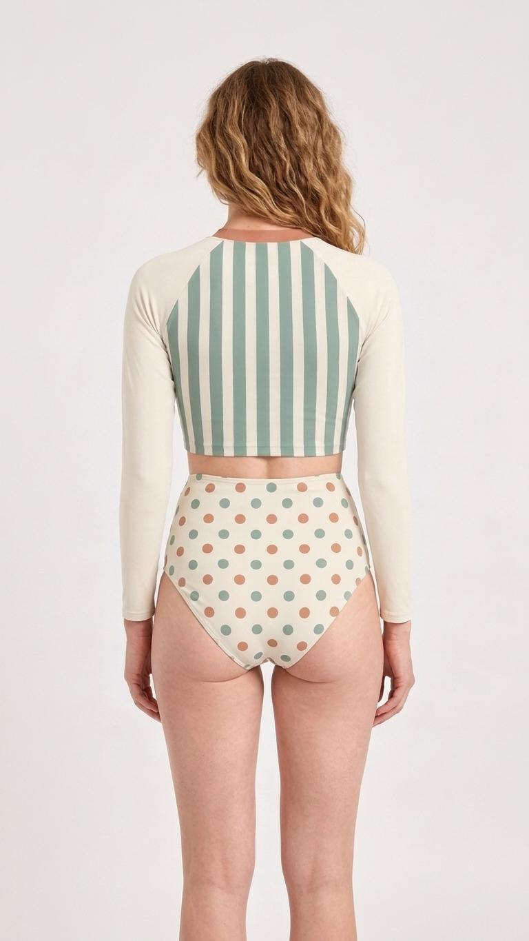 Retro Surf Sporty Long-Sleeve Rash-Guard Bikini | High-Waist Two-Piece Swimsuit | Blue & Peach