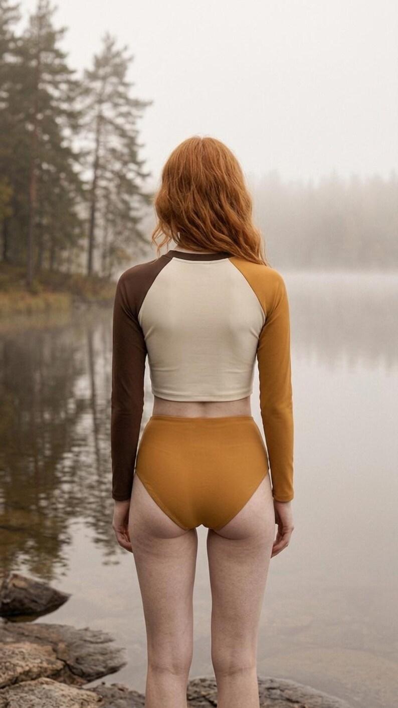 Retro Fall Lakehouse Long-Sleeve Rash-Guard Bikini | Two-Piece Swimsuit with High-Waisted Bottoms | Browns
