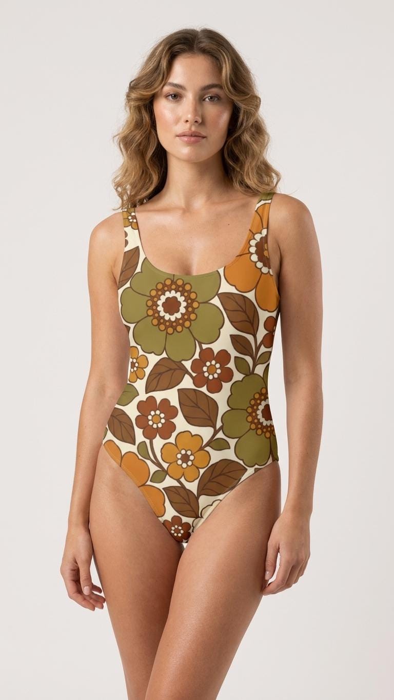 Retro Chic Classic 1970s Florals One-Piece Swimsuit – Scoop Back