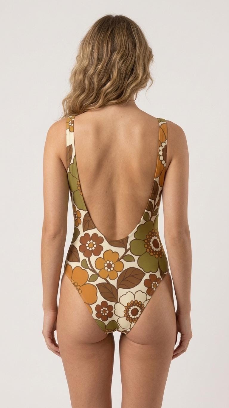 Retro Chic Classic 1970s Florals One-Piece Swimsuit – Scoop Back