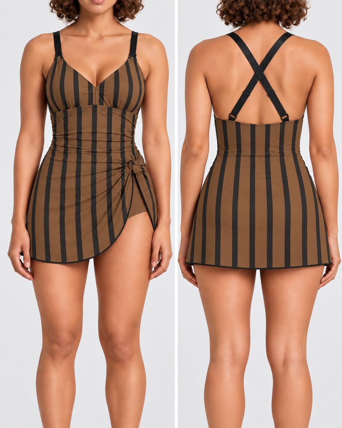 Retro Swim Dress, Modest One-Piece with Integrated Bottoms, Striped Brown