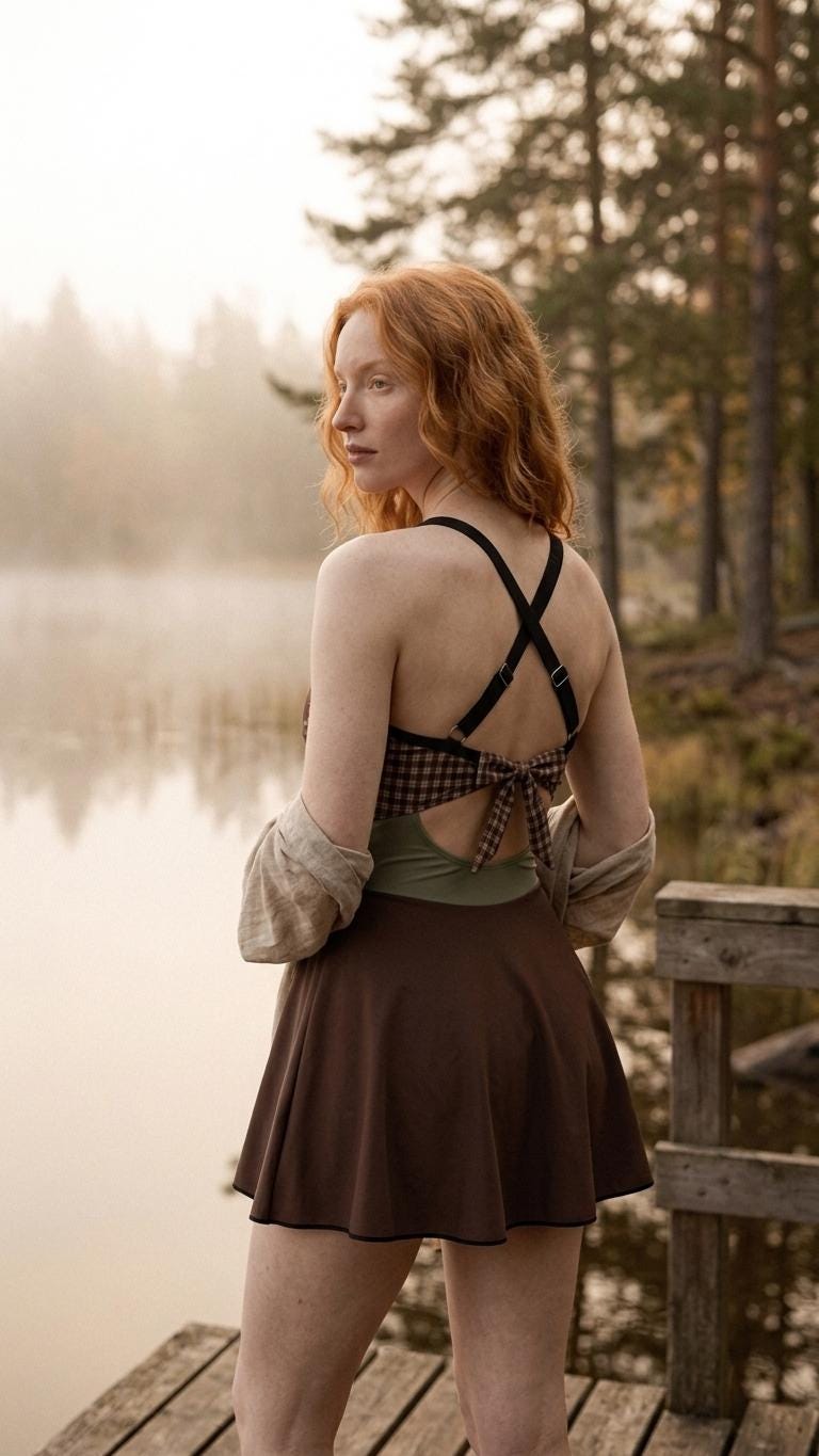 Skirted One-Piece Swimsuit with Cut-Out Detail | Integrated Bottoms | Brown Vintage Midcentury Fall Lakehouse Plaid