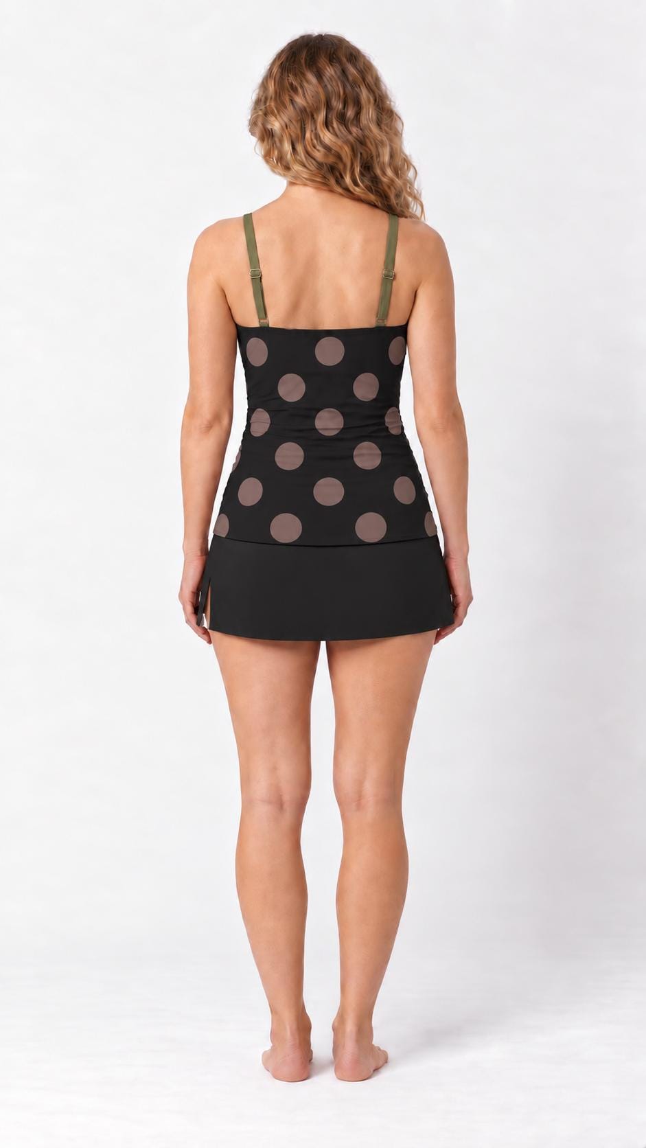 Retro Tankini 3-Piece Swim Set - Top, Skirt & Bikini Bottoms - Vintage Polka Dots in Black