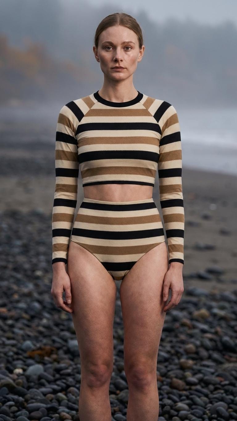 Retro Fall Lakehouse Long-Sleeve Rash-Guard Bikini | Two-Piece Swimsuit with High-Waisted Bottoms | Striped Browns