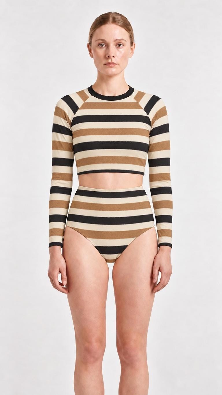 Retro Fall Lakehouse Long-Sleeve Rash-Guard Bikini | Two-Piece Swimsuit with High-Waisted Bottoms | Striped Browns