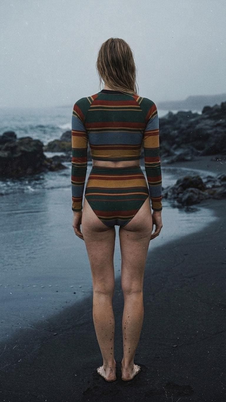 Retro Fall Lakehouse Long-Sleeve Rash-Guard Bikini | Two-Piece Swimsuit with High-Waisted Bottoms | Striped Multicolour