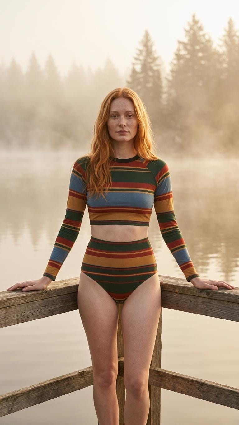 Retro Fall Lakehouse Long-Sleeve Rash-Guard Bikini | Two-Piece Swimsuit with High-Waisted Bottoms | Striped Multicolour