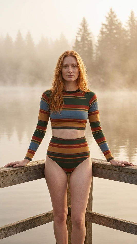 Retro Fall Lakehouse Long-Sleeve Rash-Guard Bikini | Two-Piece Swimsuit with High-Waisted Bottoms | Striped Multicolour