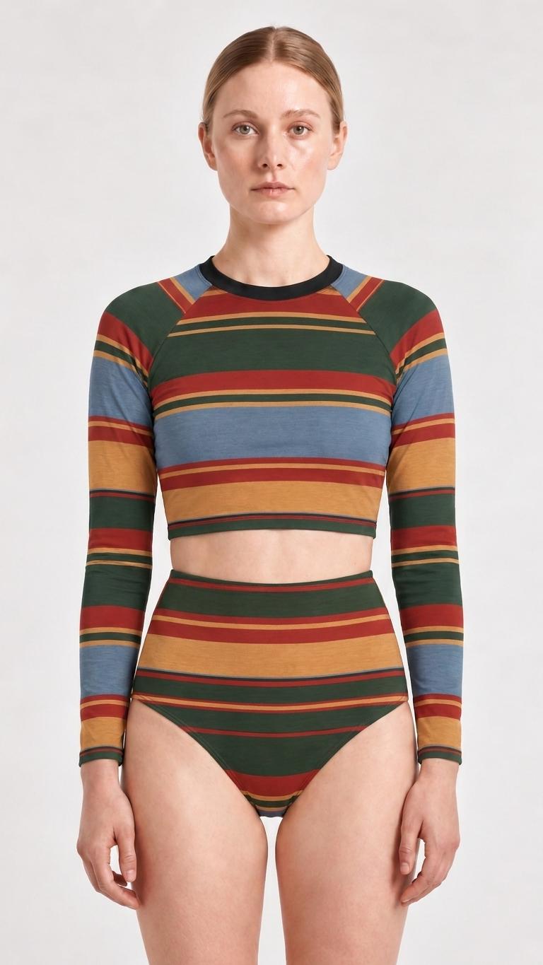 Retro Fall Lakehouse Long-Sleeve Rash-Guard Bikini | Two-Piece Swimsuit with High-Waisted Bottoms | Striped Multicolour