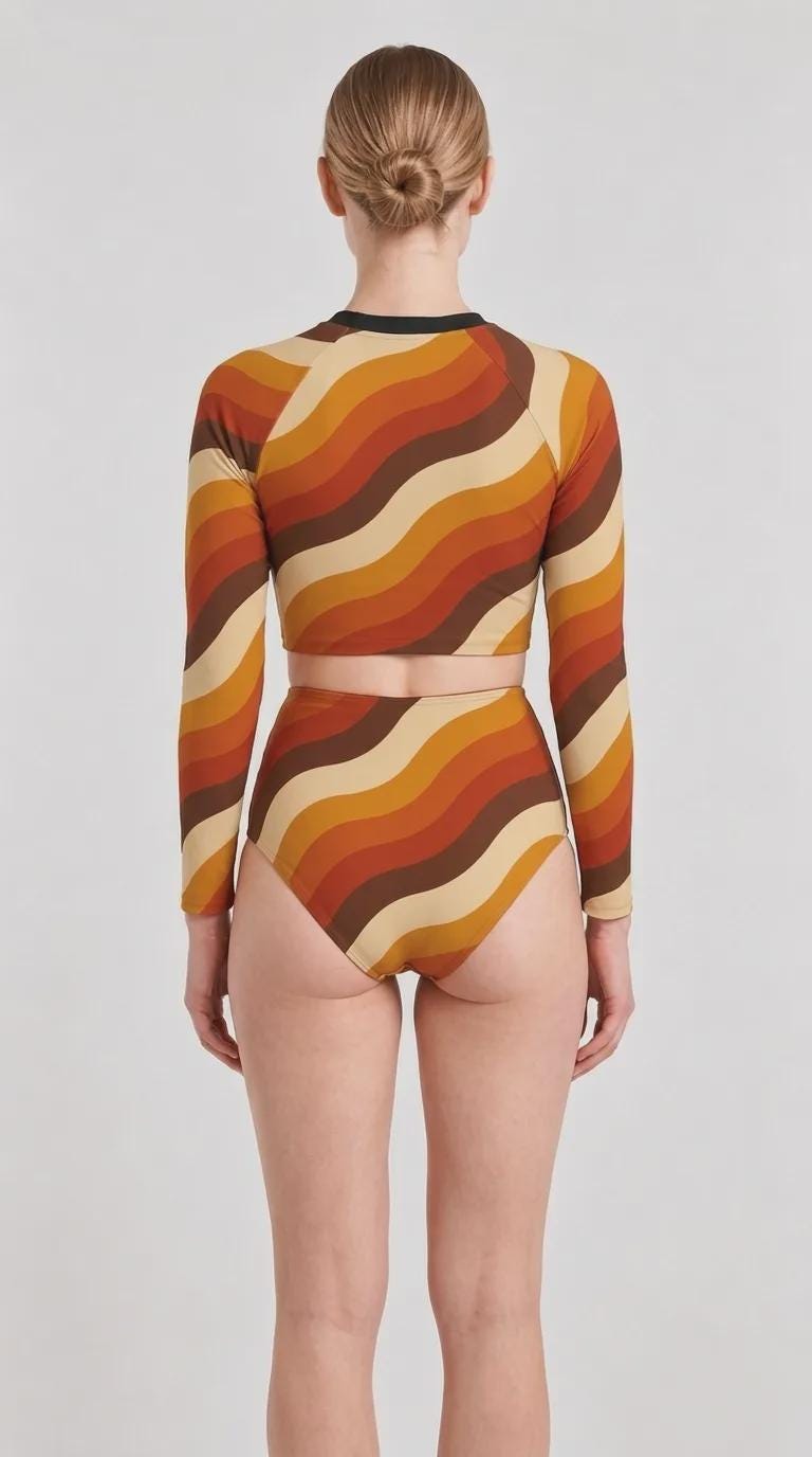 Retro Fall Lakehouse Long-Sleeve Rash-Guard Bikini | Two-Piece Swimsuit with High-Waisted Bottoms | 1970s Stripes