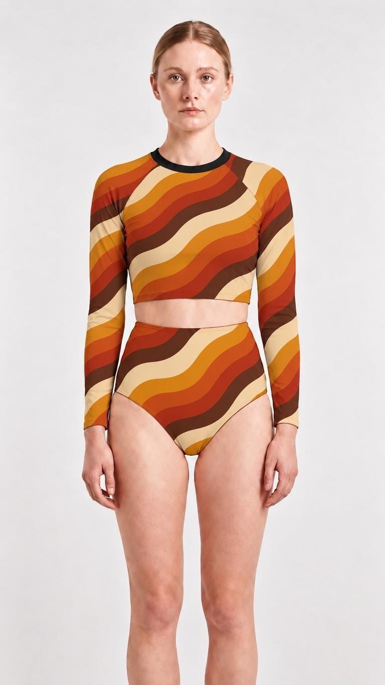 Retro Fall Lakehouse Long-Sleeve Rash-Guard Bikini | Two-Piece Swimsuit with High-Waisted Bottoms | 1970s Stripes