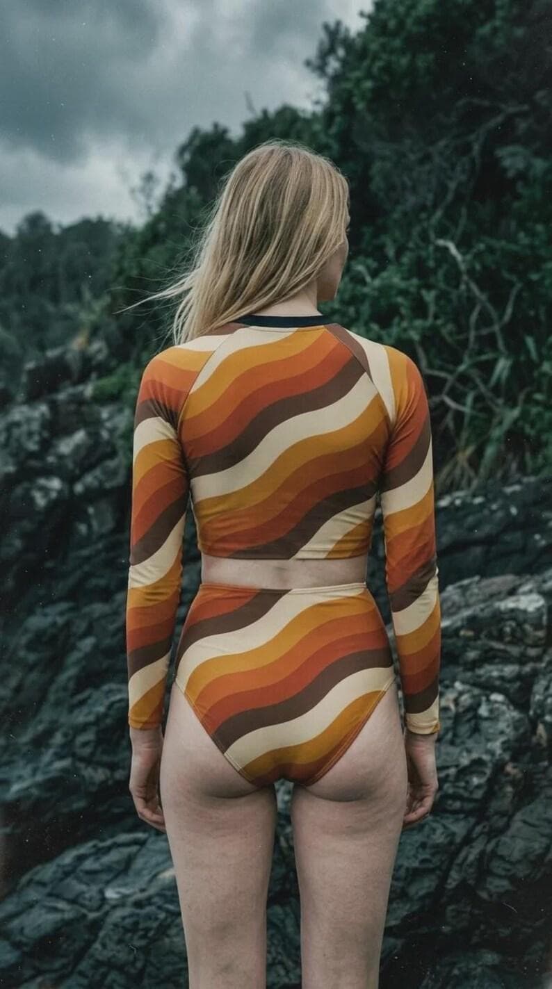 Retro Fall Lakehouse Long-Sleeve Rash-Guard Bikini | Two-Piece Swimsuit with High-Waisted Bottoms | 1970s Stripes