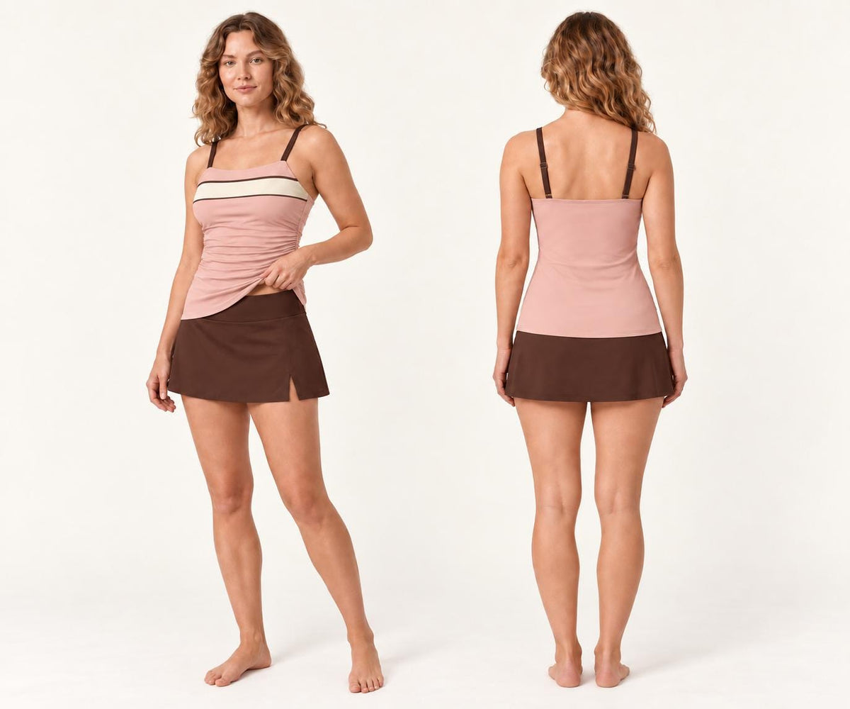 Retro Tankini 3-Piece Swim Set - Top, Skirt & Bikini Bottoms - Vintage Boho Pink Striped