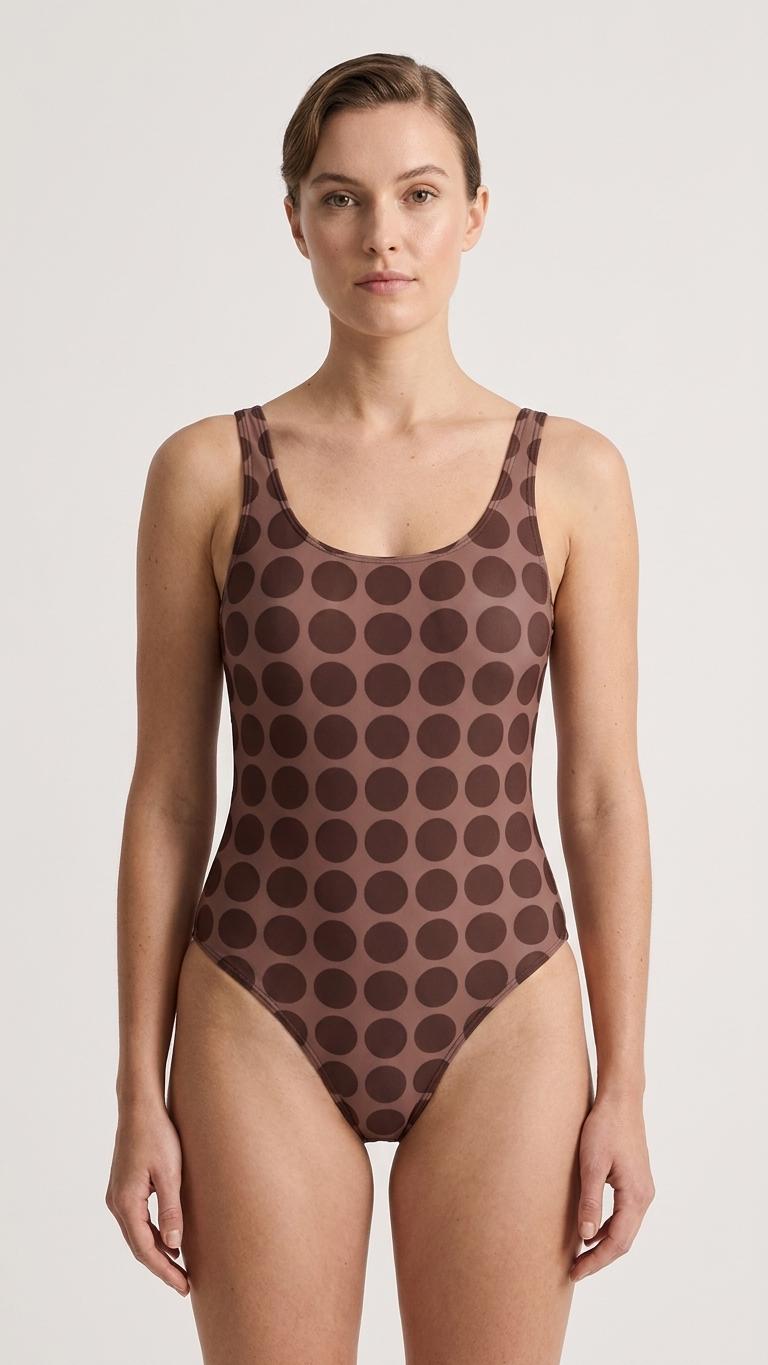Classic Retro Mod Polka Dot One-Piece Swimsuit | Vintage-Inspired Surf Swimwear | High-Leg | Brown