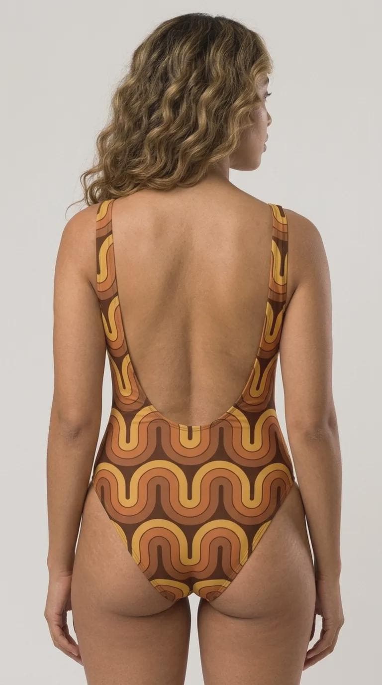 Retro Chic Classic Mid-Century Brown Wave One-Piece Swimsuit – Scoop Back