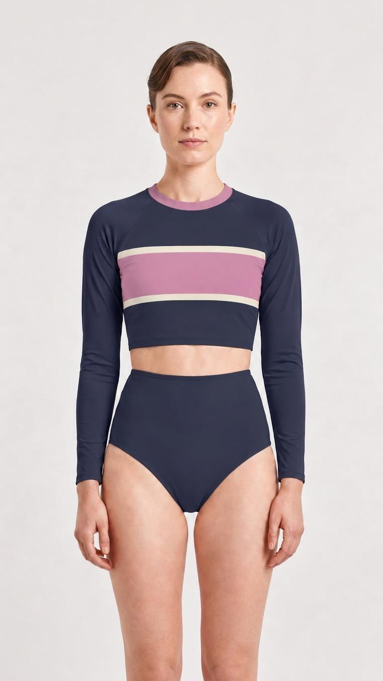 Mid-Century Mod Colours Retro Long-Sleeve Rash-Guard Bikini | Two-Piece Swimsuit with High-Waisted Bottoms | Blue & Green