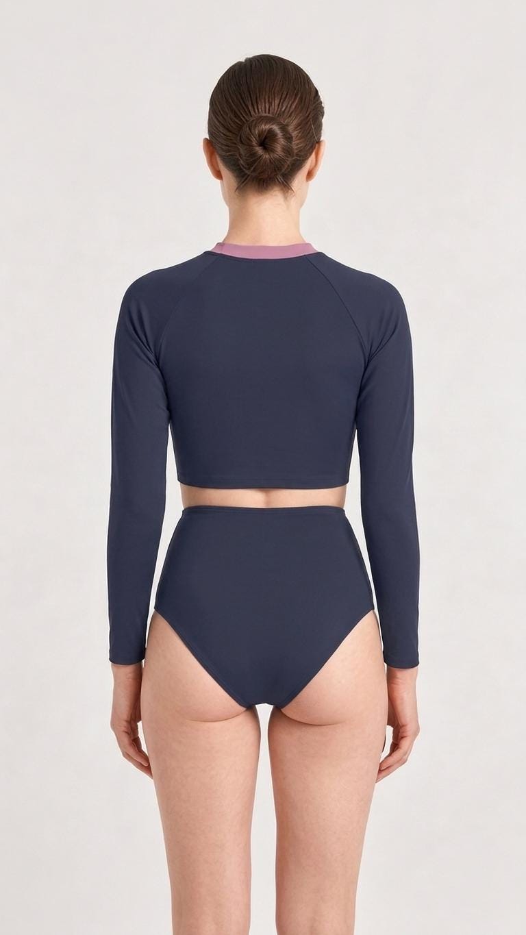 Mid-Century Mod Colours Retro Long-Sleeve Rash-Guard Bikini | Two-Piece Swimsuit with High-Waisted Bottoms | Blue & Green