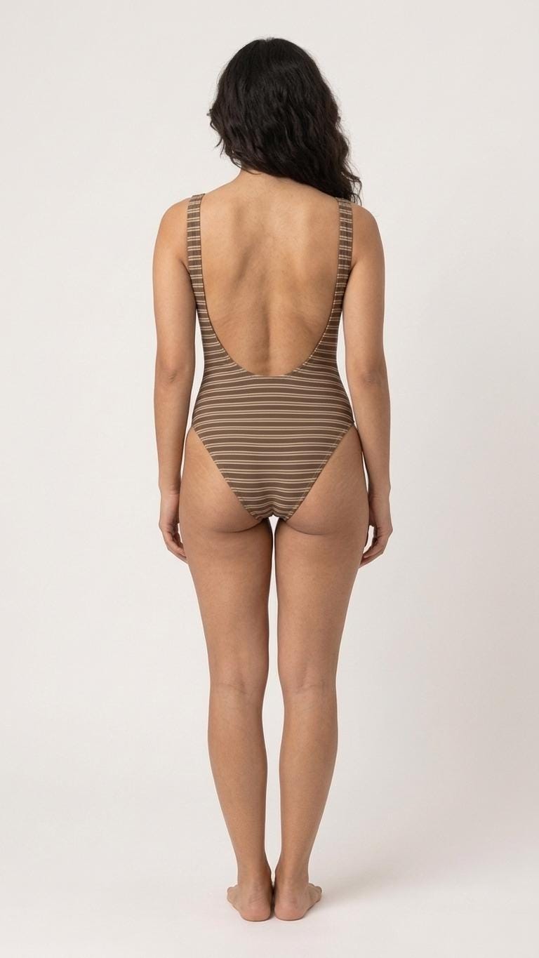 Classic Retro Nautical One-Piece Swimsuit | Vintage-Inspired Surf Swimwear | High-Leg | Brown with Thin Cream Stripes